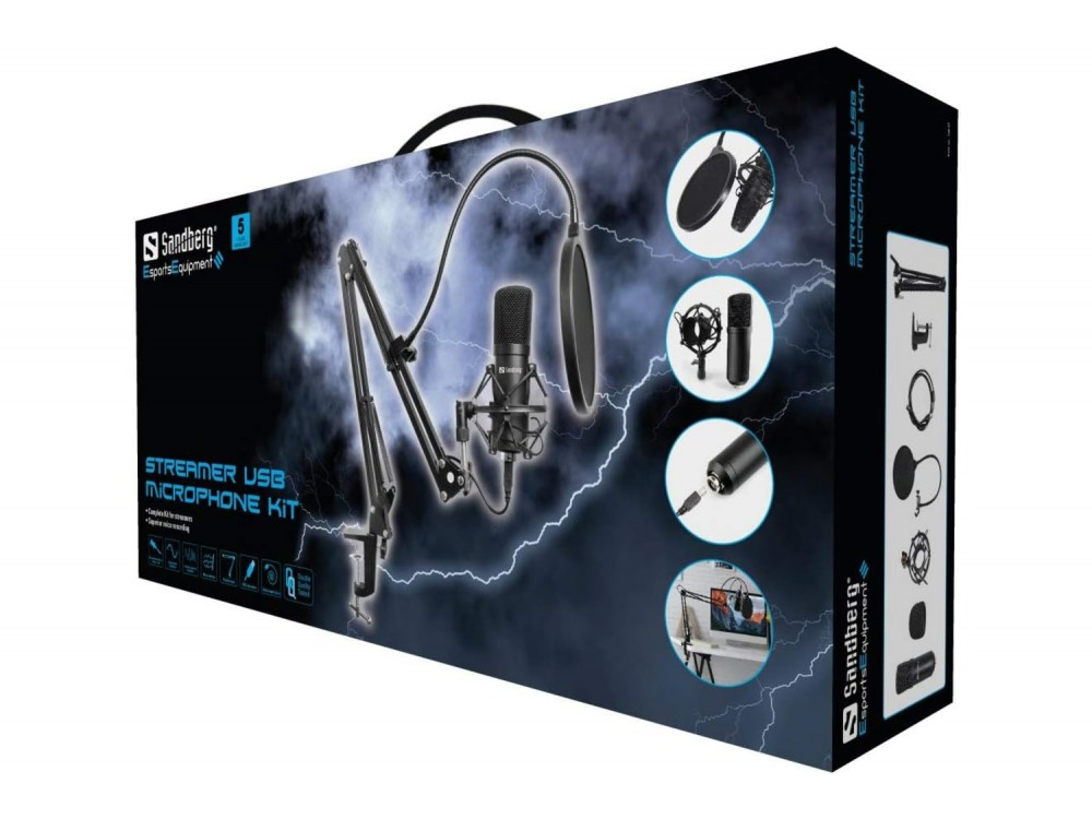 Sandberg Streamer USB Microphone Kit Πυκνωτικό Μικρόφωνο Studio με Βραχίονα, Shock Mount & Pop Filter