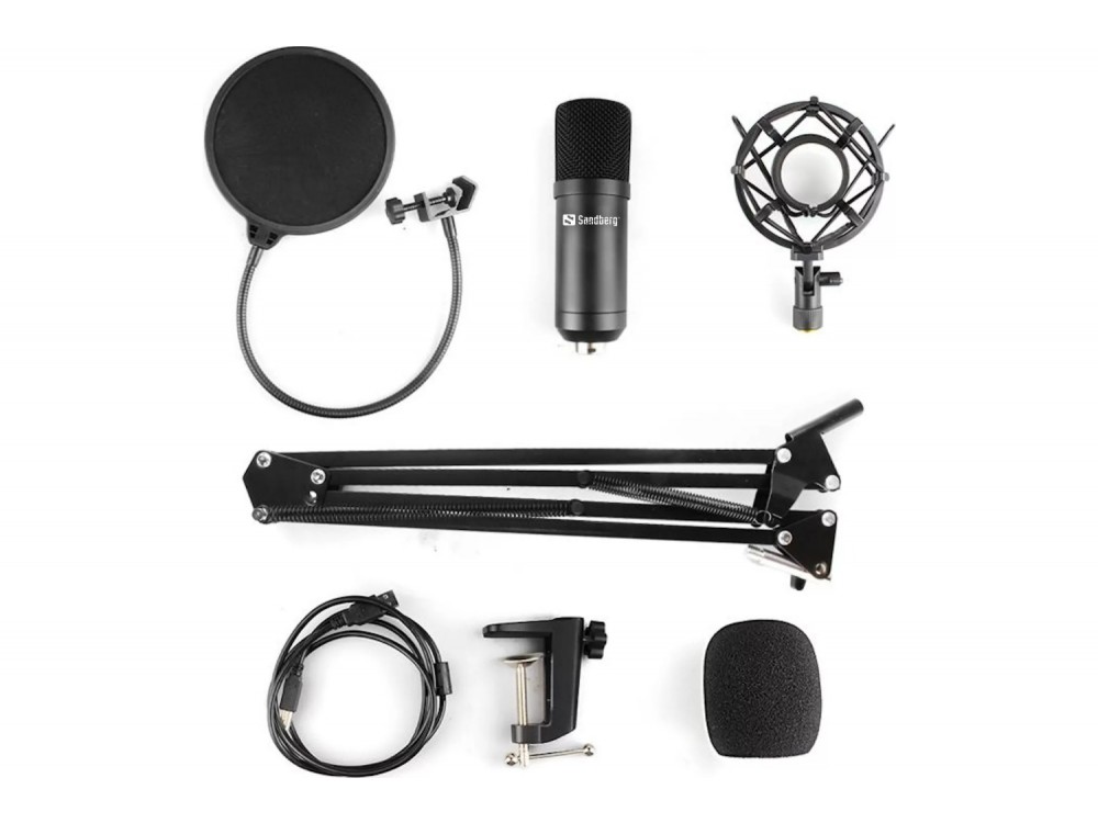Sandberg Streamer USB Microphone Kit Πυκνωτικό Μικρόφωνο Studio με Βραχίονα, Shock Mount & Pop Filter