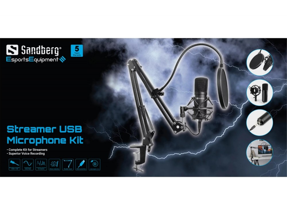 Sandberg Streamer USB Microphone Kit Πυκνωτικό Μικρόφωνο Studio με Βραχίονα, Shock Mount & Pop Filter