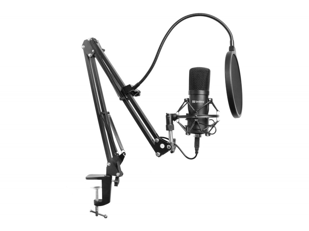 Sandberg Streamer USB Microphone Kit Πυκνωτικό Μικρόφωνο Studio με Βραχίονα, Shock Mount & Pop Filter
