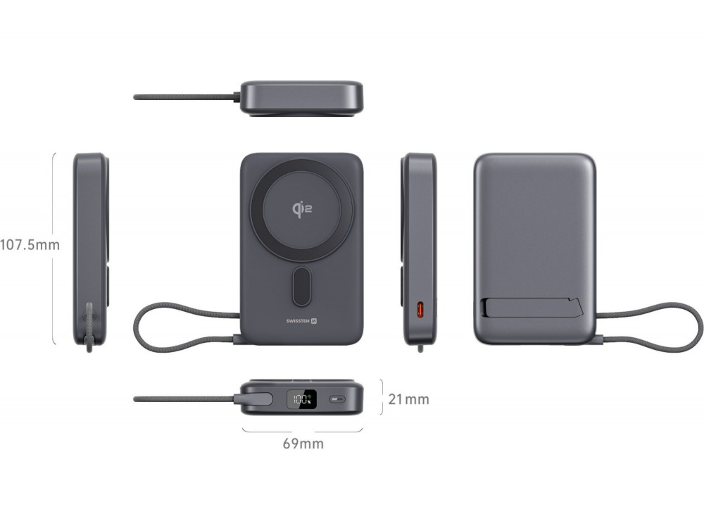 Swissten 10K Magnetic Power Bank 10,000mAh Qi2 Certified 15W MagSafe iPhone + & LED Display, 33W PPS & 35W PD Charging, Black