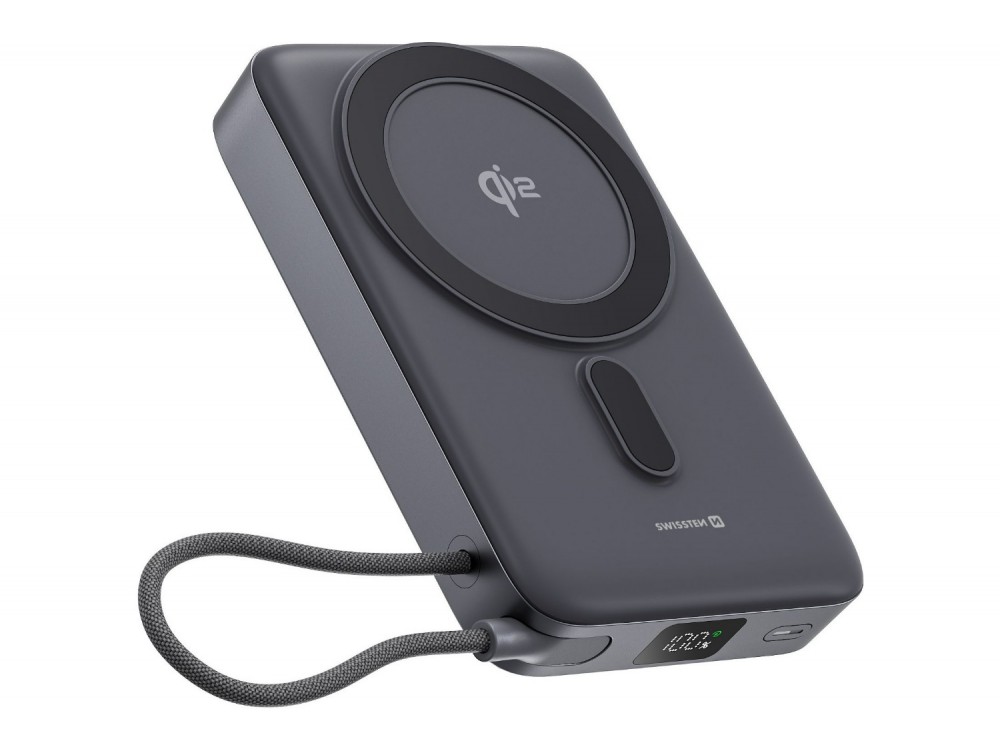 Swissten 10K Magnetic Power Bank 10,000mAh Qi2 Certified 15W MagSafe iPhone + & LED Display, 33W PPS & 35W PD Charging, Black