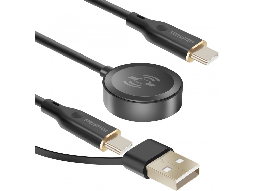 Swissten 2-in-1 Wireless Magnetic Charging Cable, Διπλό Καλώδιο Φόρτισης για Galaxy Watch + USB-C με Type-C σε USB-A Αντάπτορα