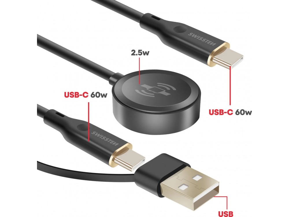 Swissten 2-in-1 Wireless Magnetic Charging Cable, Διπλό Καλώδιο Φόρτισης για Galaxy Watch + USB-C με Type-C σε USB-A Αντάπτορα
