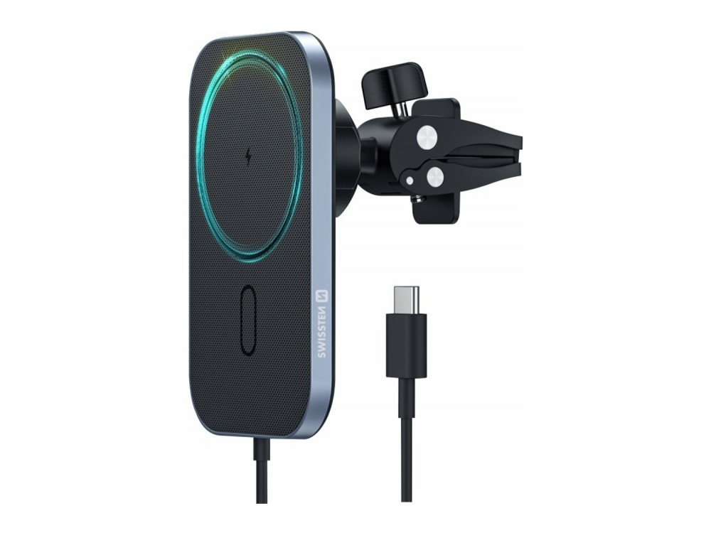 Swissten 2-in-1 Magnetic Car Holder, Μαγνητική Βάση / MagSafe 15W Κινητού Αυτοκινήτου για Ασύρματη Φόρτιση, Black