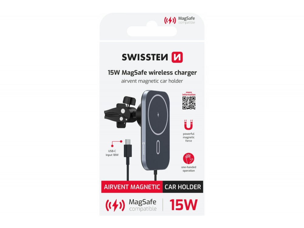 Swissten 2-in-1 Magnetic Car Holder, Μαγνητική Βάση / MagSafe 15W Κινητού Αυτοκινήτου για Ασύρματη Φόρτιση, Black
