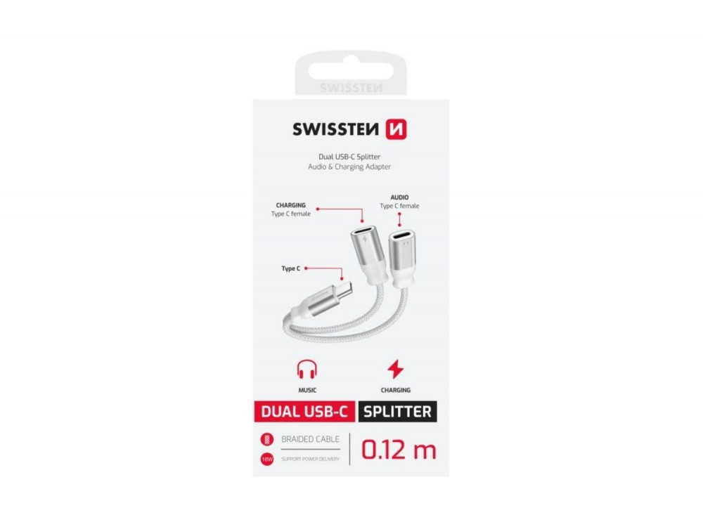 Swissten 2-in-1 USB-C Male σε 2xUSB-C Female Audio Charging Splitter 12εκ. με Νάυλον Ύφανση, White