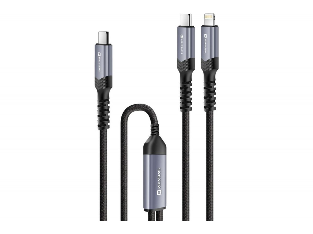 Swissten 2-in-1 Καλώδιο 1.5μ, Διπλό από Type-C σε Type-C & Lightning (100W Total), Black
