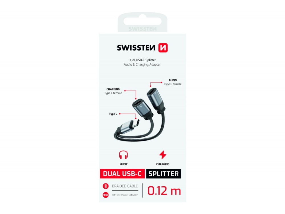 Swissten 2-in-1 USB-C Male σε 2xUSB-C Female Audio Charging Splitter 12εκ. με Νάυλον Ύφανση, Black