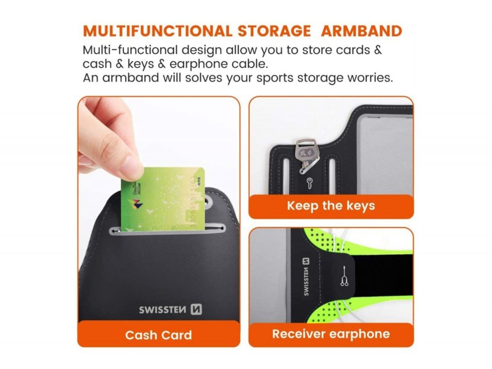Swissten Armband Case 7", Αδιάβροχη Θήκη Μπράτσου για Κινητό έως 7" με Θήκη για Κλειδί, Black