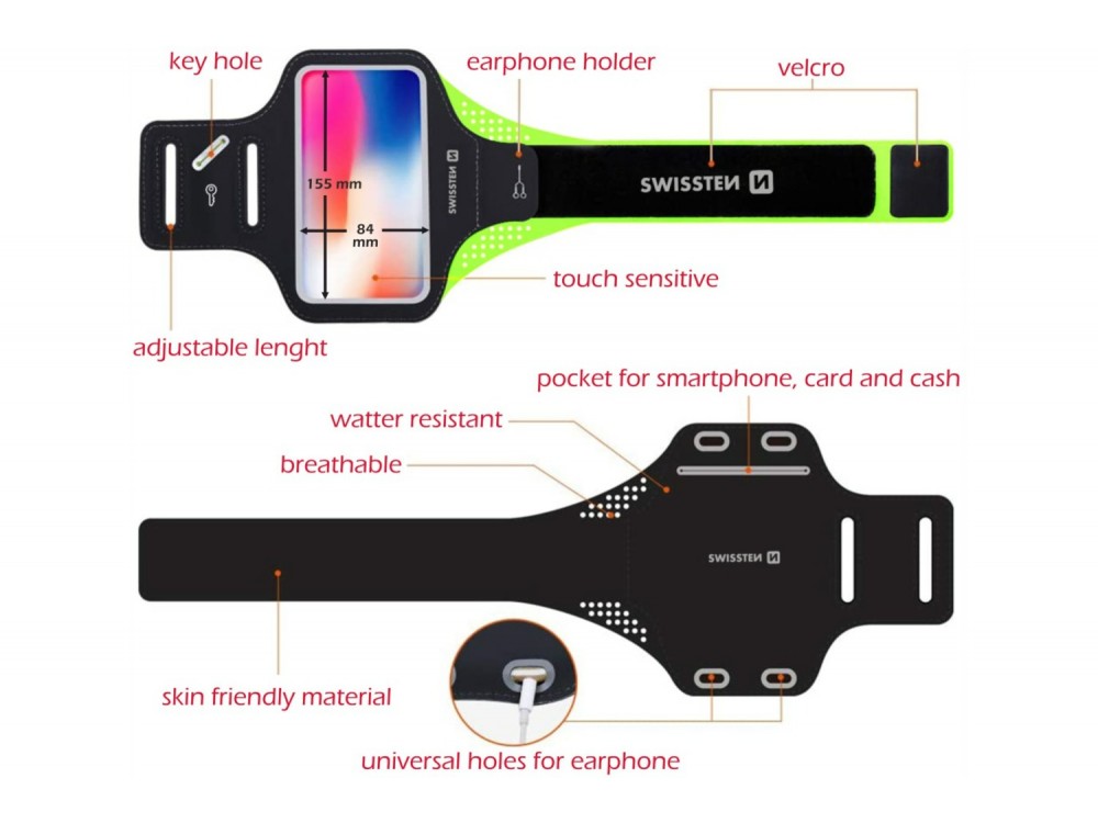 Swissten Armband Case 7", Αδιάβροχη Θήκη Μπράτσου για Κινητό έως 7" με Θήκη για Κλειδί, Black