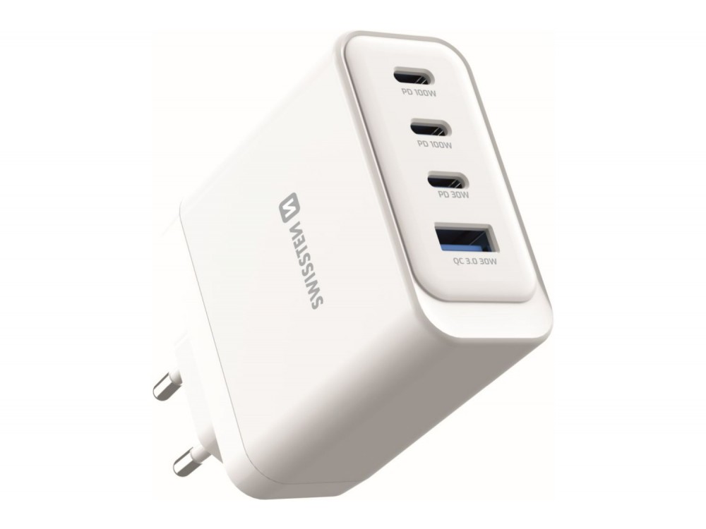 Swissten Core 100W GaN Φορτιστής Πρίζας με 3 Θύρες USB-C & Θύρα USB-A με Υποστήριξη PD / PPS + AVS, White