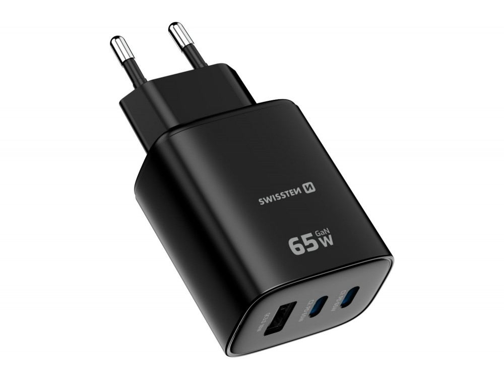 Swissten Edge GaN Φορτιστής πρίζας 3-θυρών 65W, 2x USB-C PD + USB-A QC 18W, Black