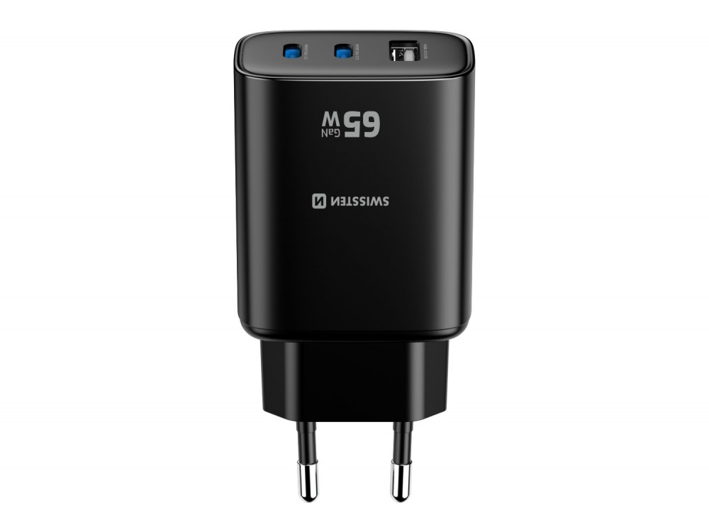 Swissten Edge GaN Φορτιστής πρίζας 3-θυρών 65W, 2x USB-C PD + USB-A QC 18W, Black