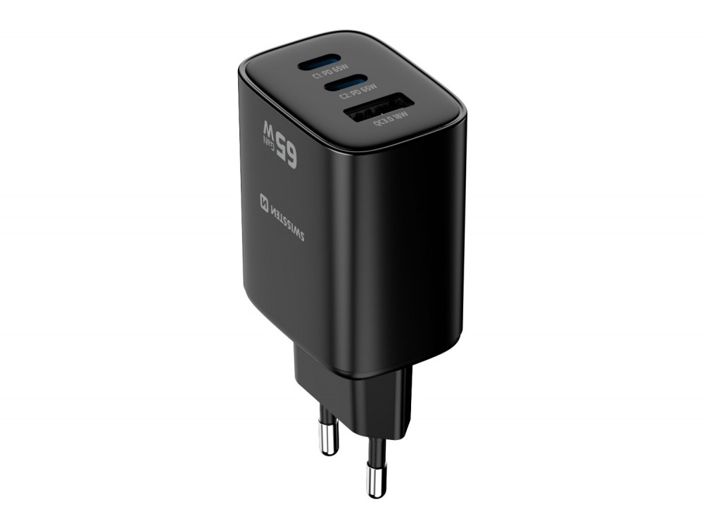 Swissten Edge GaN Φορτιστής πρίζας 3-θυρών 65W, 2x USB-C PD + USB-A QC 18W, Black