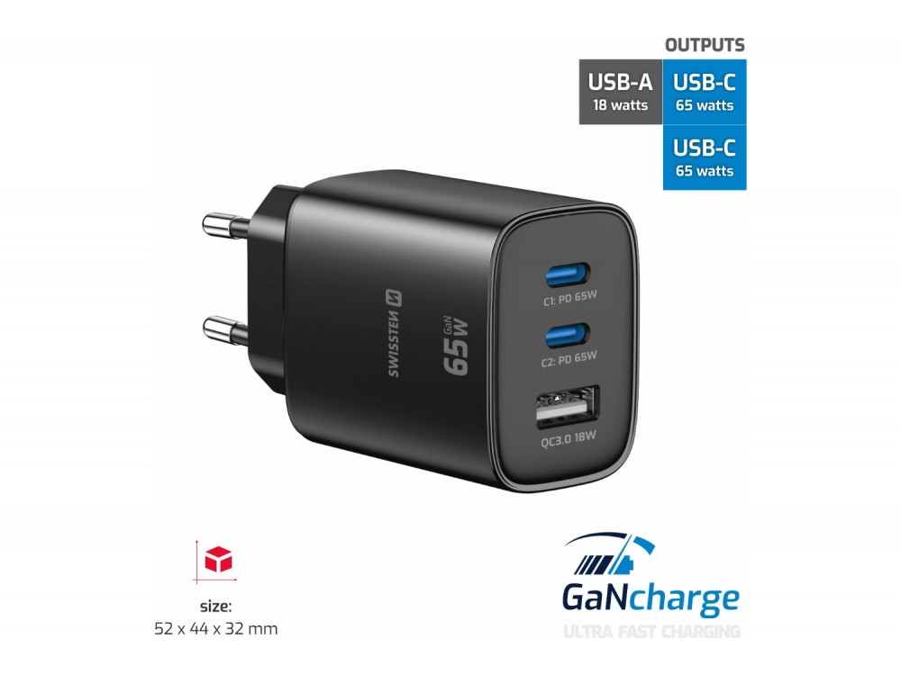 Swissten Edge GaN Φορτιστής πρίζας 3-θυρών 65W, 2x USB-C PD + USB-A QC 18W, Black