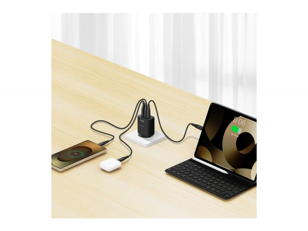 Swissten Edge GaN Φορτιστής πρίζας 3-θυρών 65W, 2x USB-C PD + USB-A QC 18W, Black
