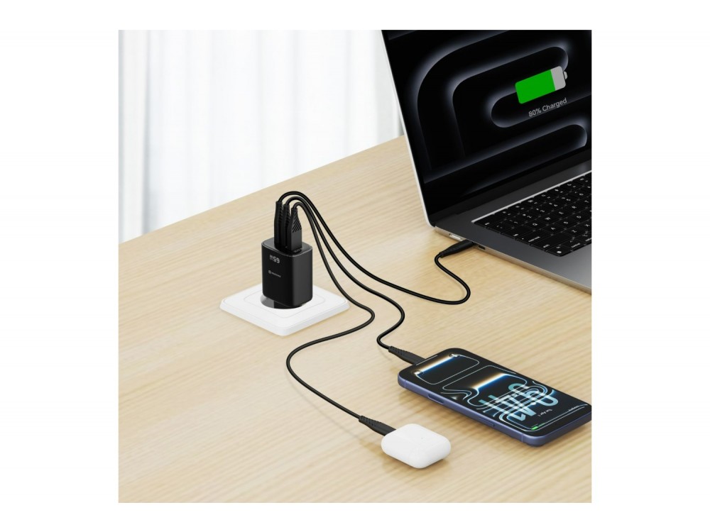 Swissten Edge GaN Φορτιστής πρίζας 3-θυρών 65W, 2x USB-C PD + USB-A QC 18W, Black