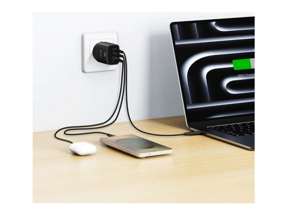 Swissten Edge GaN Φορτιστής πρίζας 3-θυρών 65W, 2x USB-C PD + USB-A QC 18W, Black