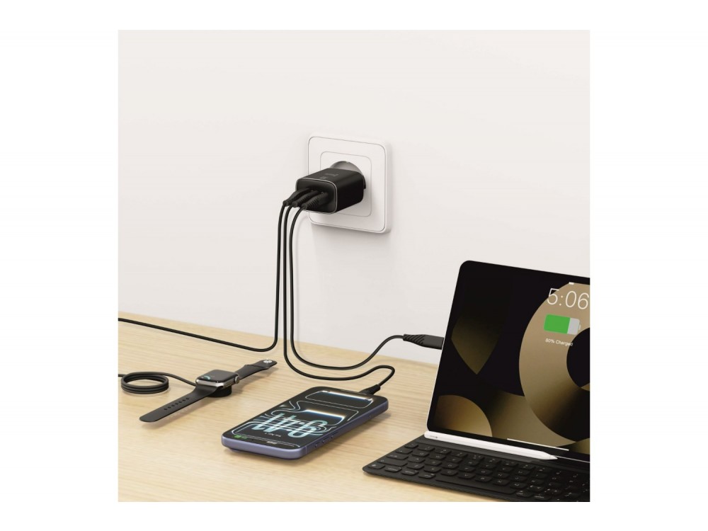 Swissten Edge GaN Φορτιστής πρίζας 3-θυρών 65W, 2x USB-C PD + USB-A QC 18W, Black