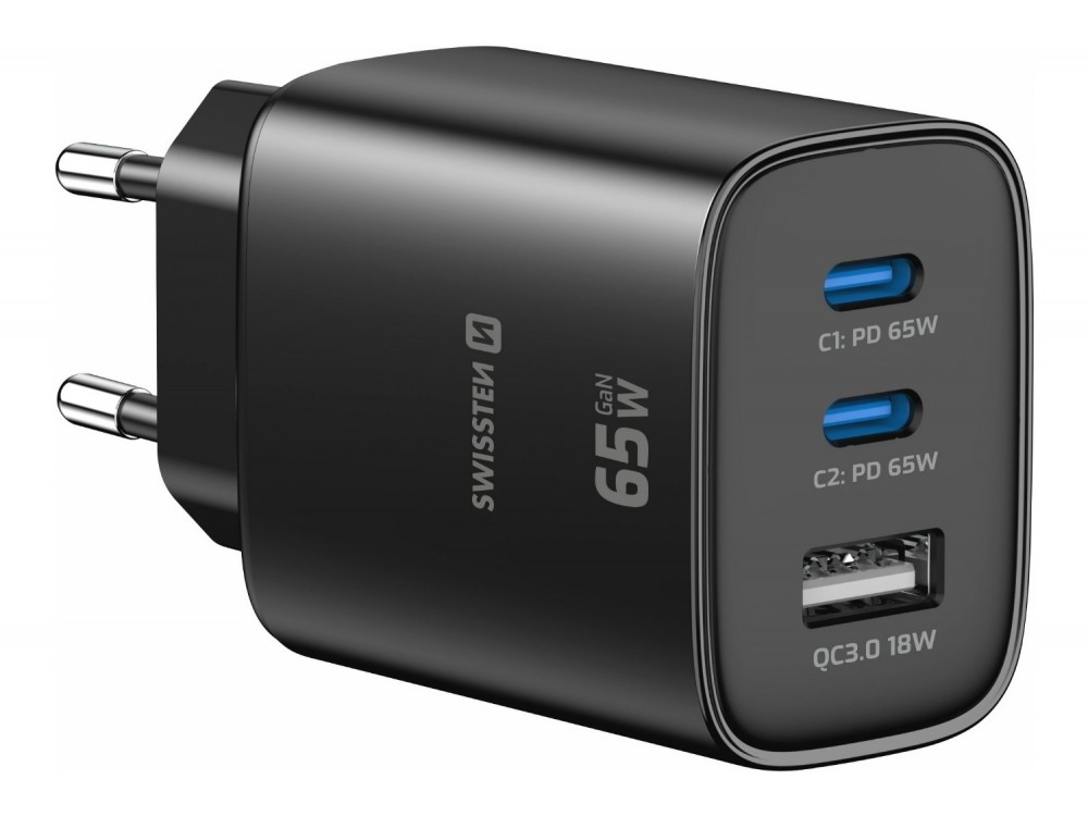 Swissten Edge GaN Φορτιστής πρίζας 3-θυρών 65W, 2x USB-C PD + USB-A QC 18W, Black