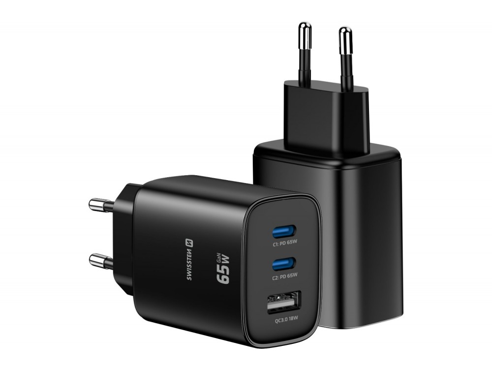 Swissten Edge GaN Φορτιστής πρίζας 3-θυρών 65W, 2x USB-C PD + USB-A QC 18W, Black