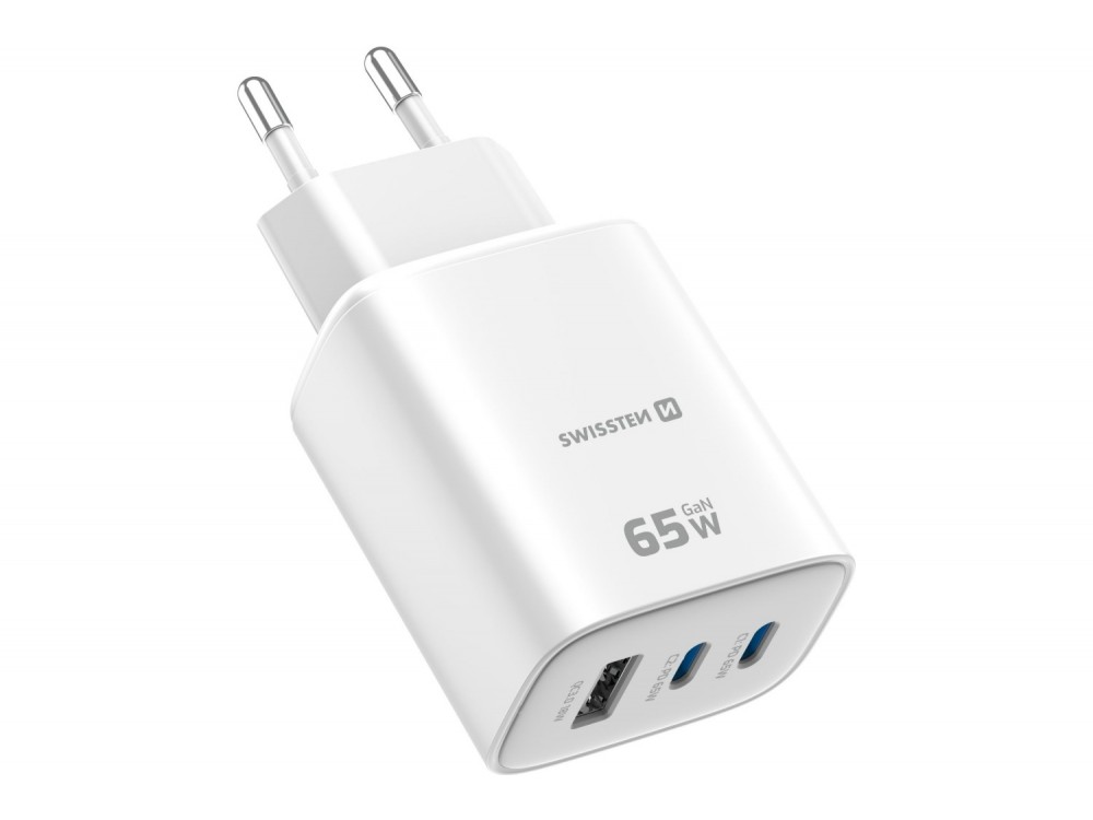 Swissten Edge GaN Φορτιστής πρίζας 3-θυρών 65W, 2x USB-C PD + USB-A QC 18W, White