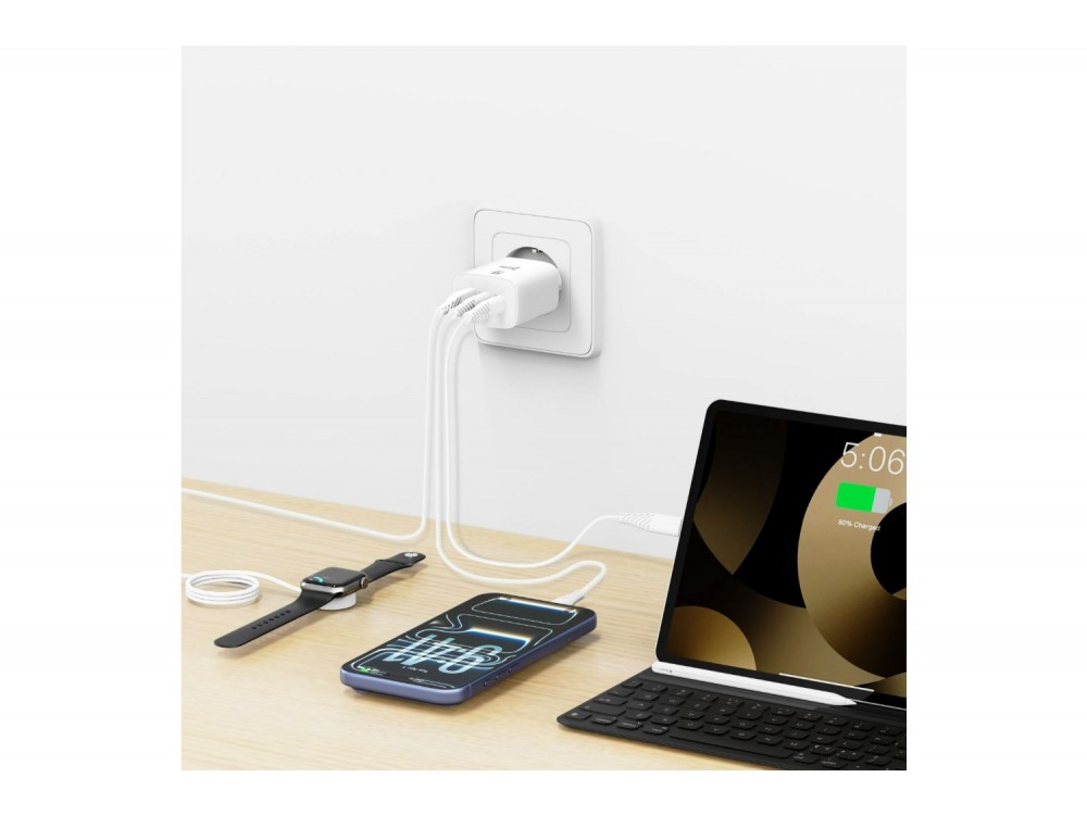 Swissten Edge GaN Φορτιστής πρίζας 3-θυρών 65W, 2x USB-C PD + USB-A QC 18W, White