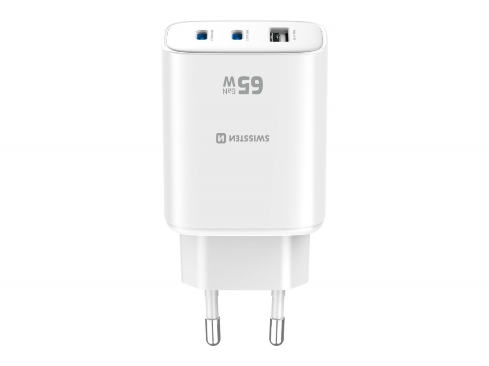 Swissten Edge GaN Φορτιστής πρίζας 3-θυρών 65W, 2x USB-C PD + USB-A QC 18W, White