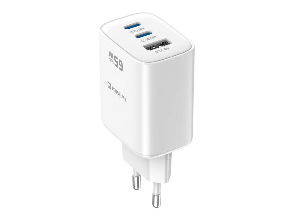 Swissten Edge GaN Φορτιστής πρίζας 3-θυρών 65W, 2x USB-C PD + USB-A QC 18W, White