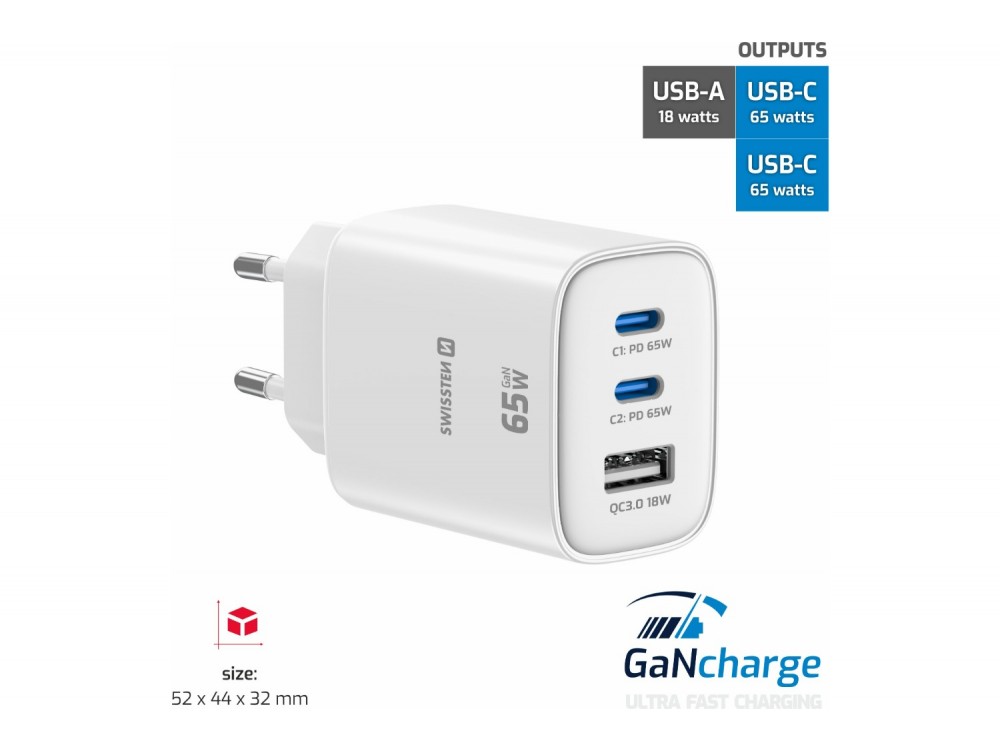 Swissten Edge GaN Φορτιστής πρίζας 3-θυρών 65W, 2x USB-C PD + USB-A QC 18W, White