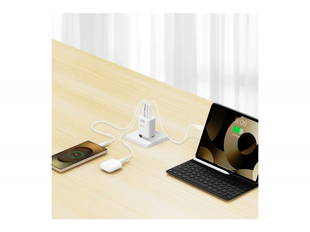 Swissten Edge GaN Φορτιστής πρίζας 3-θυρών 65W, 2x USB-C PD + USB-A QC 18W, White