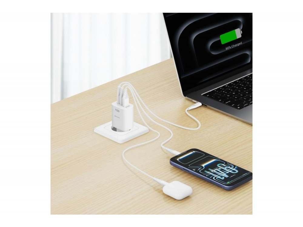 Swissten Edge GaN Φορτιστής πρίζας 3-θυρών 65W, 2x USB-C PD + USB-A QC 18W, White