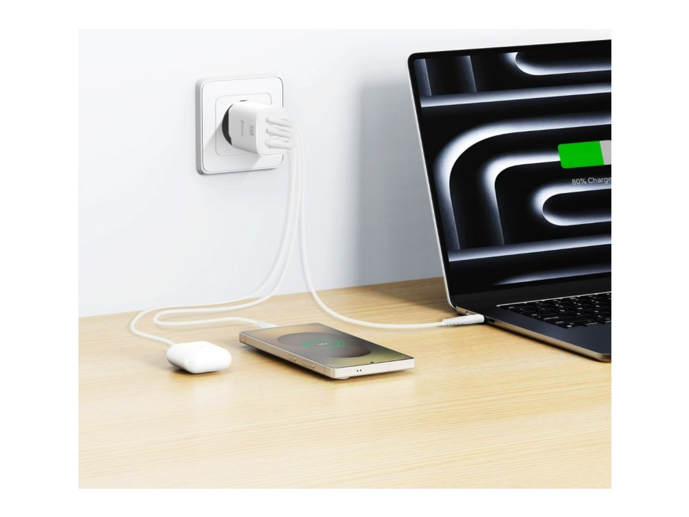 Swissten Edge GaN Φορτιστής πρίζας 3-θυρών 65W, 2x USB-C PD + USB-A QC 18W, White