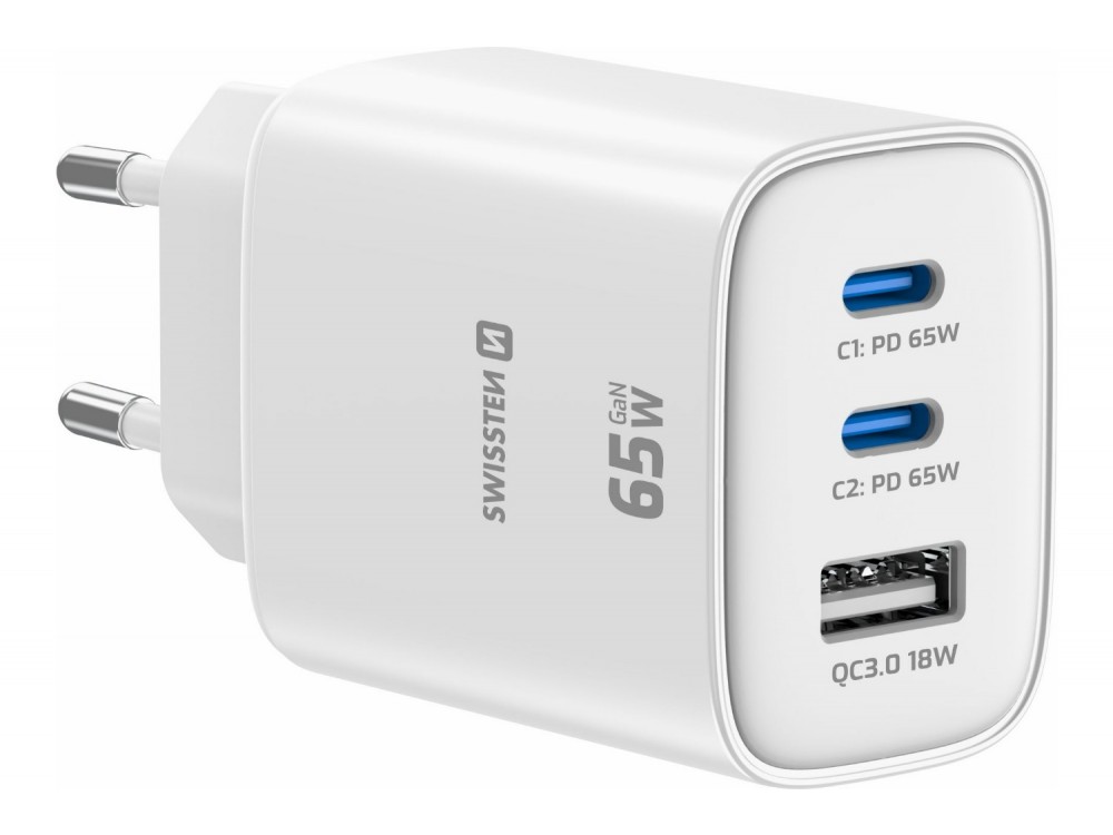 Swissten Edge GaN Φορτιστής πρίζας 3-θυρών 65W, 2x USB-C PD + USB-A QC 18W, White