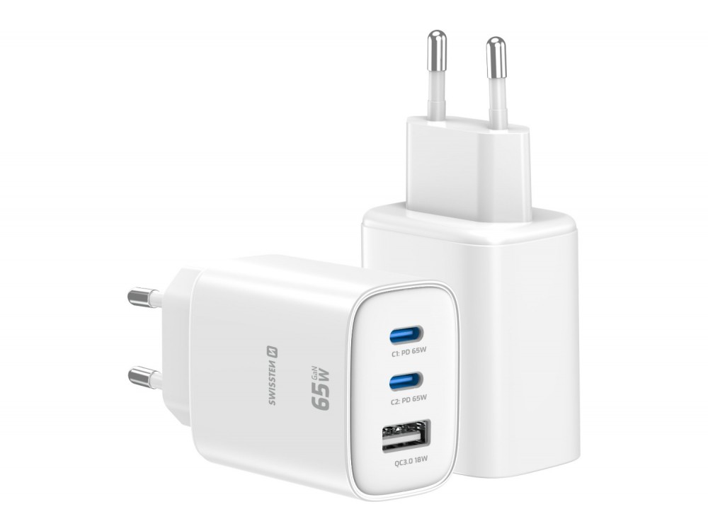 Swissten Edge GaN Φορτιστής πρίζας 3-θυρών 65W, 2x USB-C PD + USB-A QC 18W, White