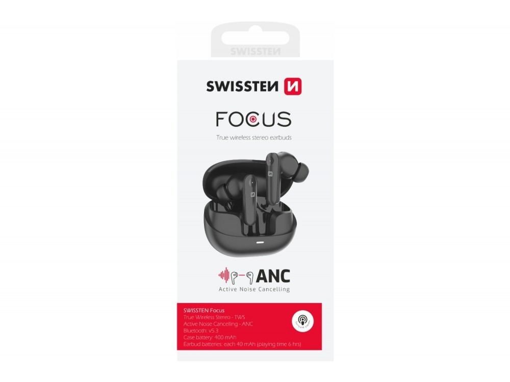 Swissten Focus In-ear Bluetooth 5.3 Handsfree Ακουστικά με ANC & Θήκη Φόρτισης, Black