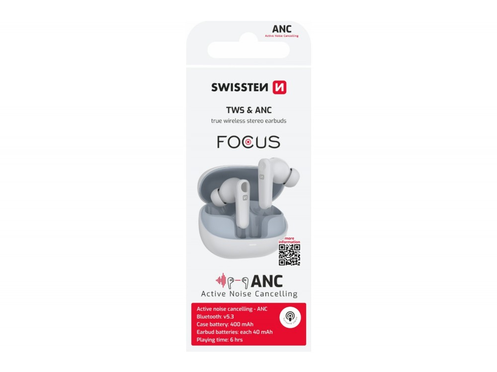 Swissten Focus In-ear Bluetooth 5.3 Handsfree Ακουστικά με ANC & Θήκη Φόρτισης, White
