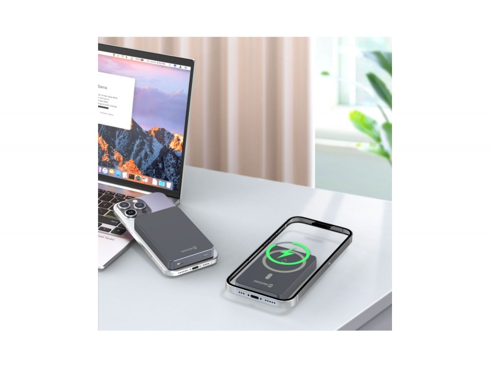 Swissten Fusion Power Bank 10.000mAh, 20W, με Θύρα USB-C & MagSafe 15W Wireless Charging, Silver