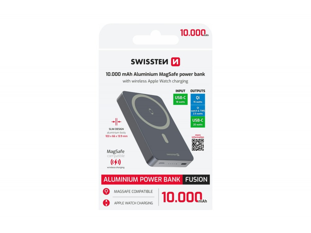 Swissten Fusion Power Bank 10.000mAh, 20W, με Θύρα USB-C & MagSafe 15W Wireless Charging, Silver