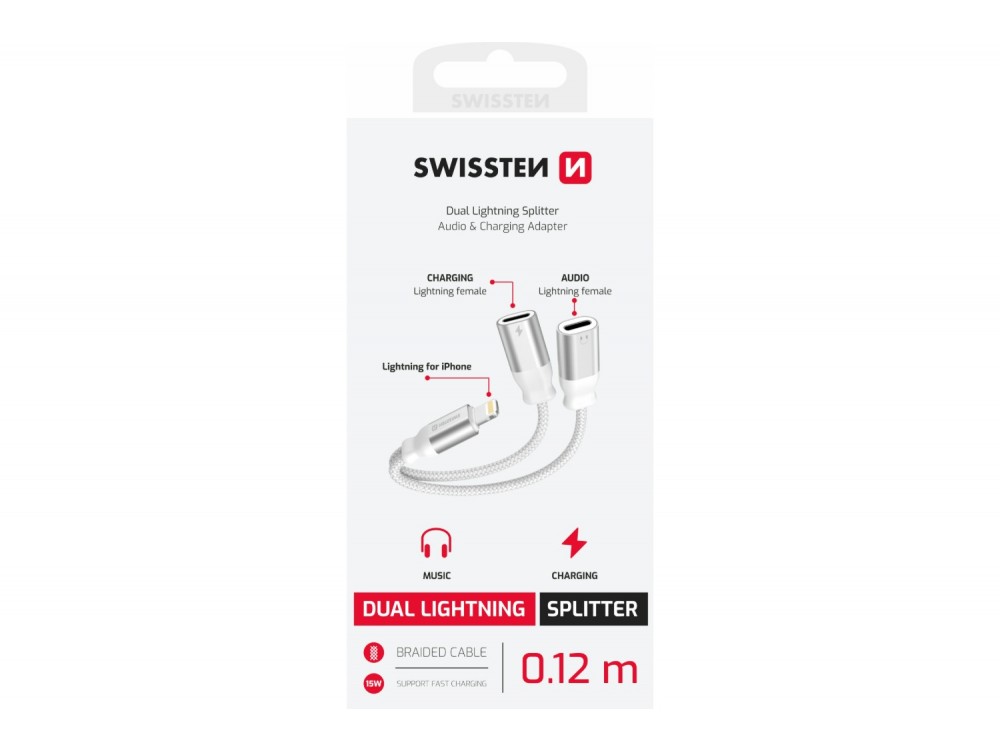 Swissten Textile Lightning Male σε 2x Lightning Female Audio Charging Splitter 12εκ., White