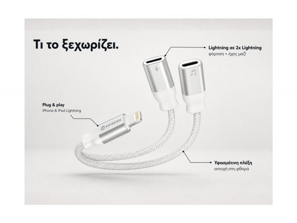 Swissten Textile Lightning Male σε 2x Lightning Female Audio Charging Splitter 12εκ., White - ΑΝΟΙΓΜΕΝΗ ΣΥΣΚΕΥΑΣΙΑ
