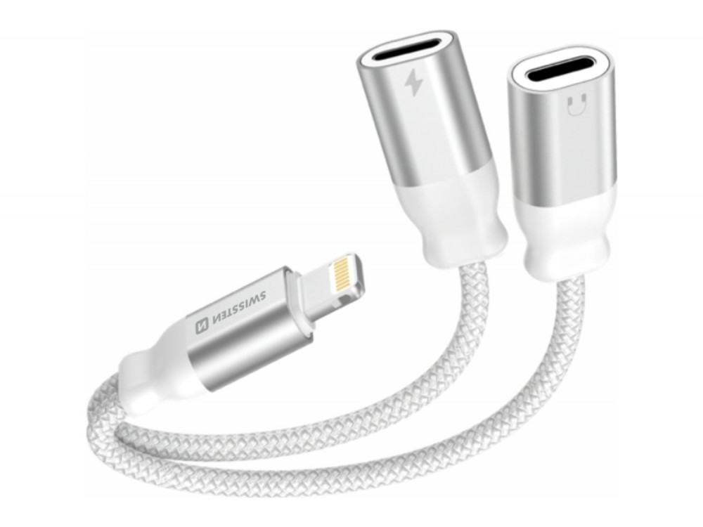 Swissten Textile Lightning Male σε 2x Lightning Female Audio Charging Splitter 12εκ., White