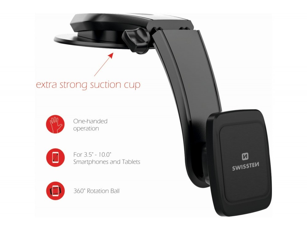 Swissten Magnetic Car Holder, Μαγνητική Βάση Κινητού / Τάμπλετ Αυτοκινήτου με Βεντούζα S-GRIP M5-R1, Black