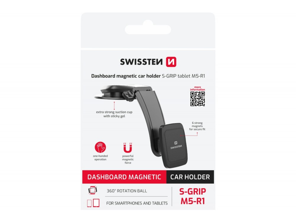 Swissten Magnetic Car Holder, Μαγνητική Βάση Κινητού / Τάμπλετ Αυτοκινήτου με Βεντούζα S-GRIP M5-R1, Black