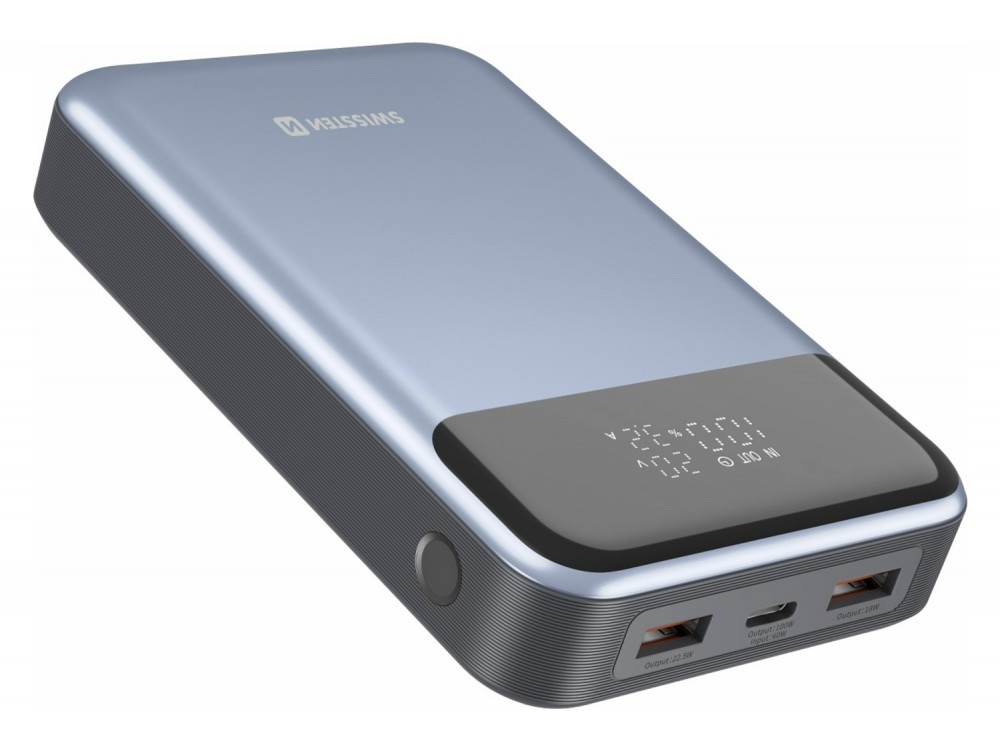 Swissten Power Bank 20000mAh για Laptop, 100W με Θύρα USB-C και 2 Θύρες USB-A Power Delivery / Quick Charge 3.0, Grey
