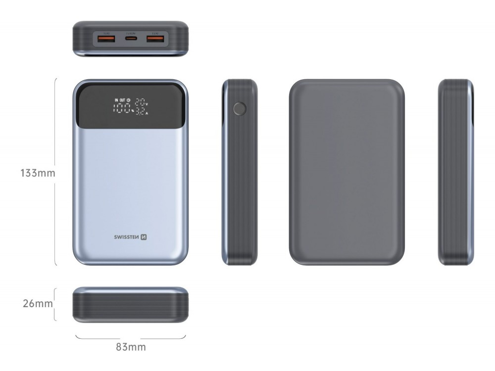 Swissten Power Bank 20000mAh για Laptop, 100W με Θύρα USB-C και 2 Θύρες USB-A Power Delivery / Quick Charge 3.0, Grey