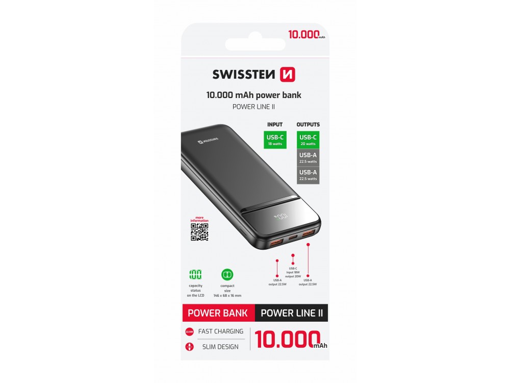 Swissten Power Line II 10000 PD 22.5W USB-C Power Bank 10.000mAh Power Delivery & QC3.0, Μαύρο
