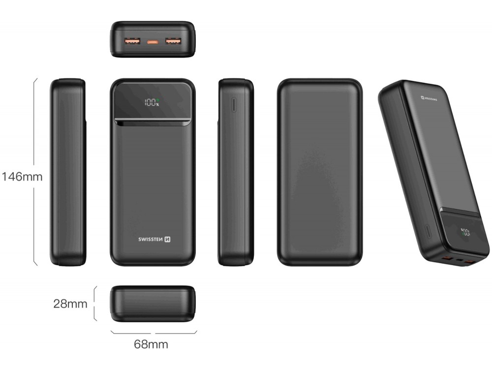 Swissten Power Line II 20000 PD 22.5W USB-C Power Bank 20.000mAh Power Delivery & QC3.0, Μαύρο