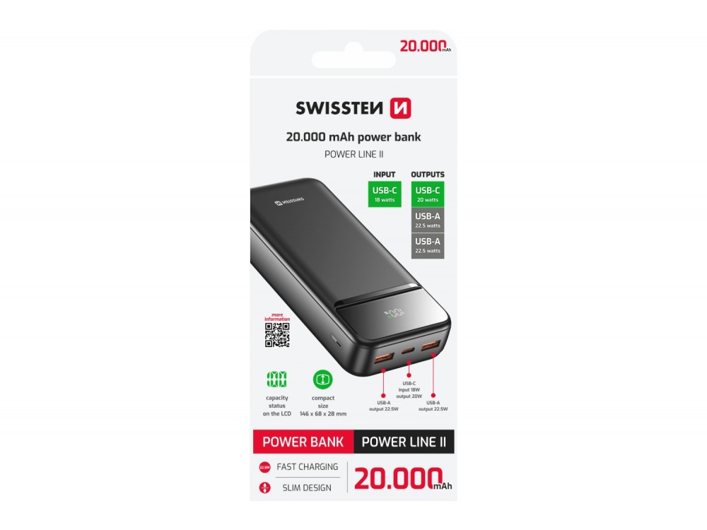 Swissten Power Line II 20000 PD 22.5W USB-C Power Bank 20.000mAh Power Delivery & QC3.0, Μαύρο